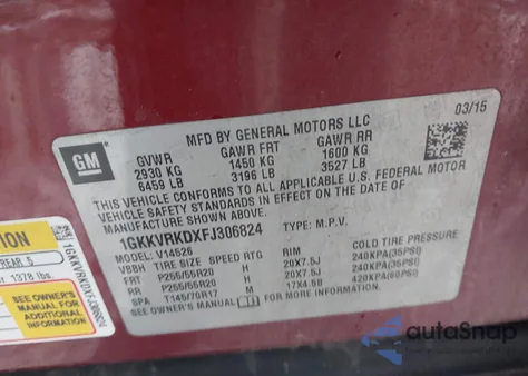 2015 GMC Acadia Slt-1 from USA, damaged, VIN 1GKKVRKDXFJ306824